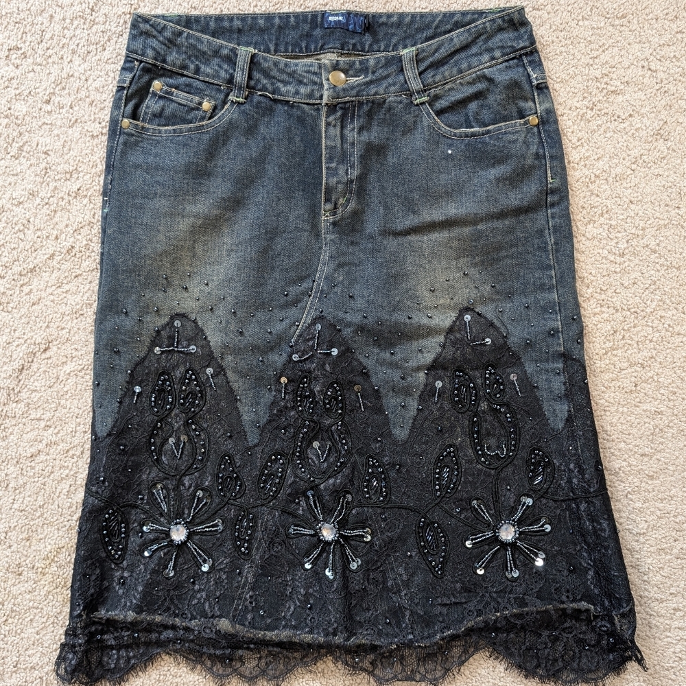 Denim & Lace Beaded Midi Skirt | Hand-Embellished